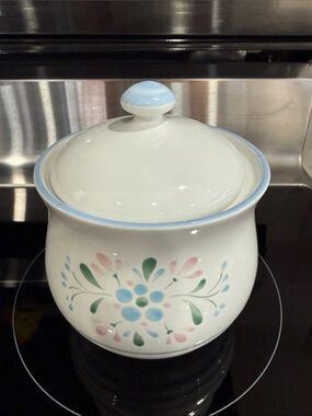 Vintage Japan White Ceramic  Sugar Jar with Pastel Floral Pattern and Blue Trim